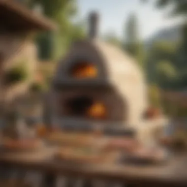 A cozy outdoor dining setup with a pizza oven in the background