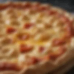 Close-up view of cheese crust on a freshly baked pizza