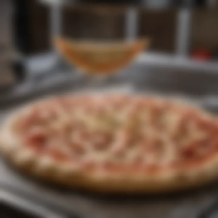 A close-up view of pizza dough being processed by an automated machine, emphasizing precision.