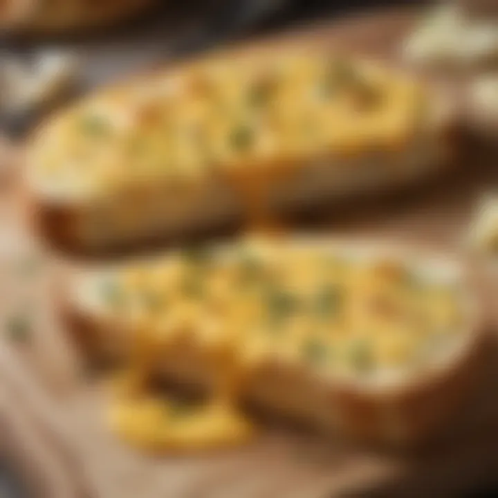 Close-up of melted cheeses on Five Cheese Garlic Bread.