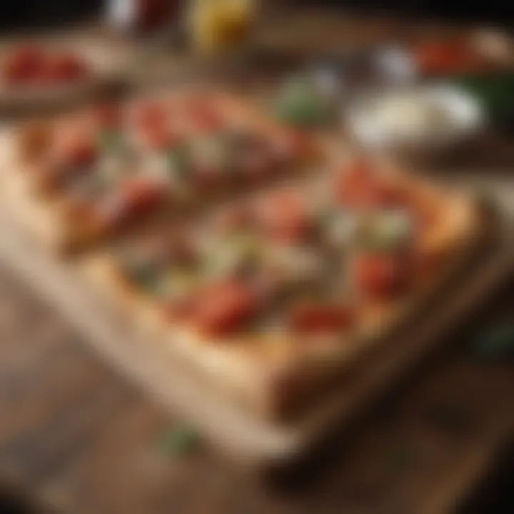 An inviting flatbread pizza served on a rustic wooden table.