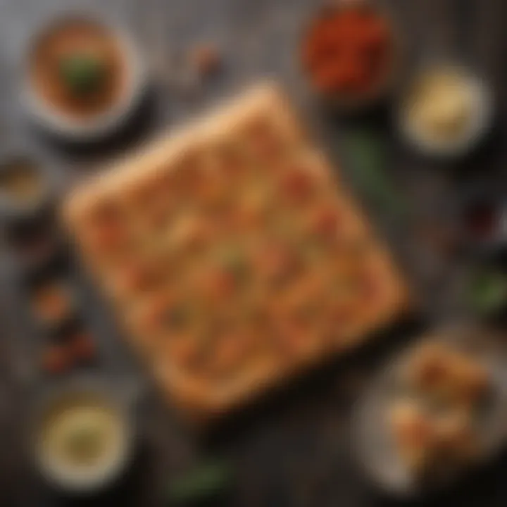 A close-up of focaccia with toppings and dips on a rustic table
