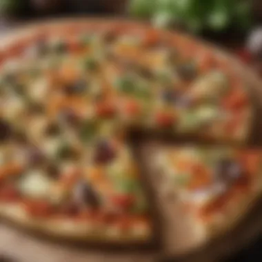 Delicious Vegetable-Topped Cauliflower Pizza A vibrant cauliflower pizza topped with colorful vegetables and cheese, emphasizing its appetizing appearance.