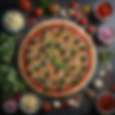 Fresh Ingredients for Cauliflower Pizza An assortment of fresh vegetables and toppings artfully spread across a countertop, ready for pizza creation.