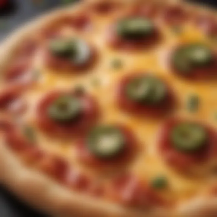 Close-up of melted cheese with pepperoni and jalapeno toppings