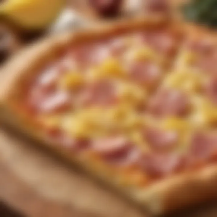 A vibrant slice of Hawaiian pizza with pineapple and ham