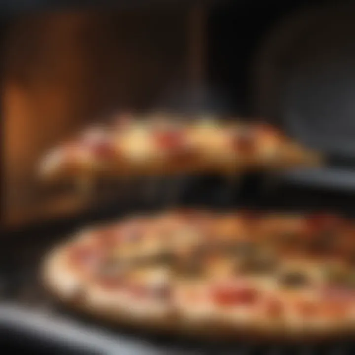 Close-up of freshly baked pizza inside the oven