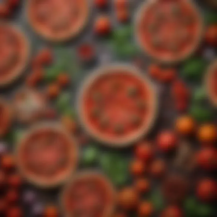 A vibrant assortment of fresh tomatoes, herbs, and spices used in pizza sauce preparation.