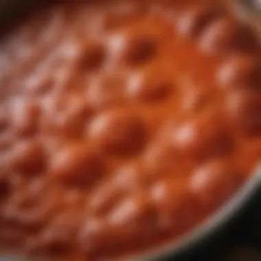 A close-up shot of a simmering tomato sauce, showcasing texture and richness.