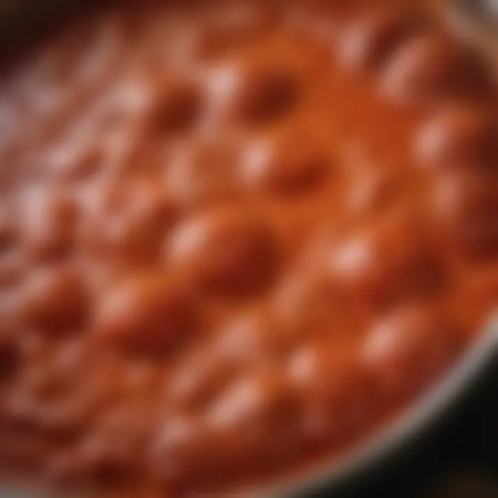 A close-up shot of a simmering tomato sauce, showcasing texture and richness.