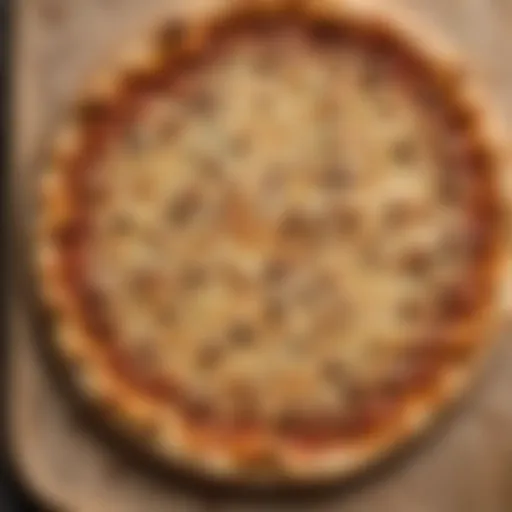 Close-up view of a golden-brown keto no carb pizza crust on a wooden board