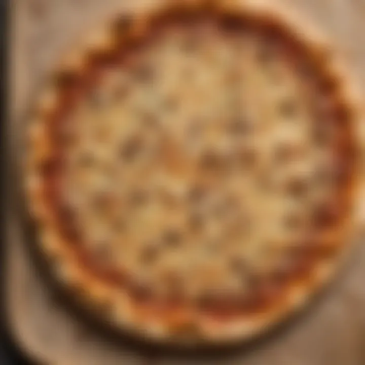 Close-up view of a golden-brown keto no carb pizza crust on a wooden board