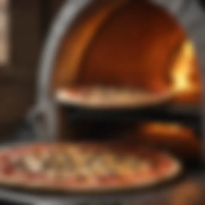 A vibrant pizza being cooked in a large pizza oven, highlighting the end result.