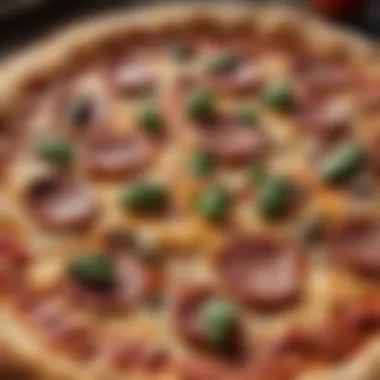 Close-up of a pizza with a golden crust and fresh ingredients