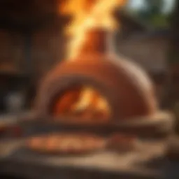 Traditional terracotta pizza oven with roaring flames