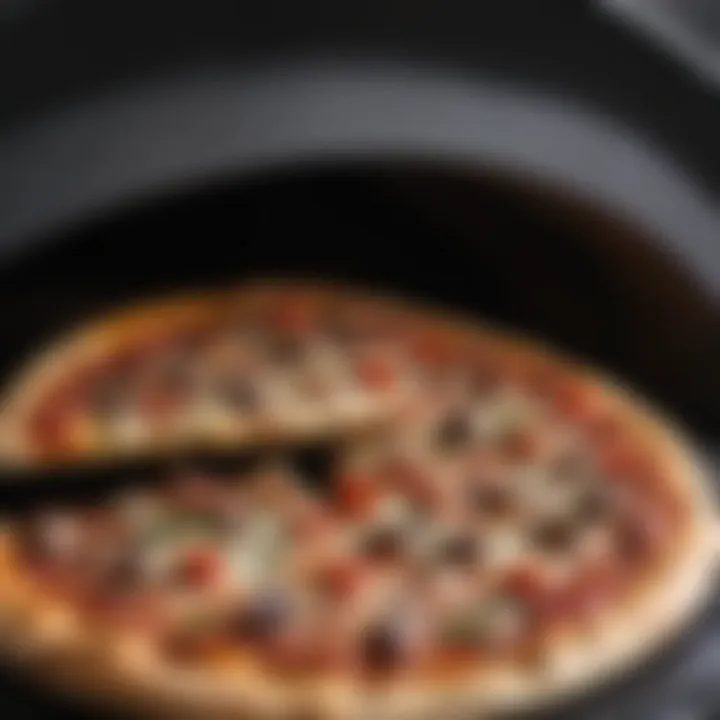 Close-up of freshly baked pizza emerging from a mobile oven