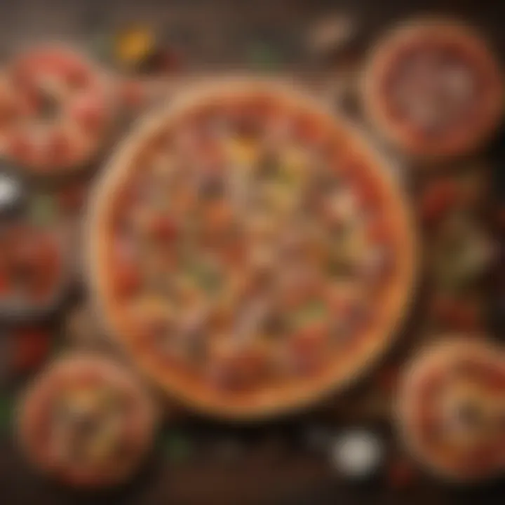 A variety of pizza toppings arranged artistically on a wooden table