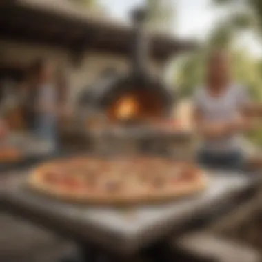 Group enjoying freshly made pizza outdoors