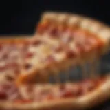 A close-up of a classic New York style pizza slice showcasing its thin crust and cheese.