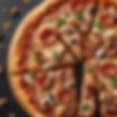 Detailing the Unique Toppings of One Bite Pizza A close-up view of One Bite Pizza showcasing its unique toppings and crust.
