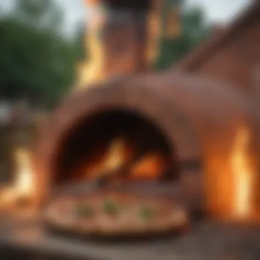 Close-up of a brick outdoor pizza oven with flames