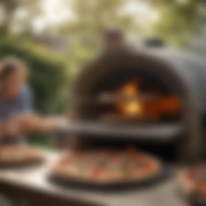 Group of friends enjoying pizza outdoors by the oven