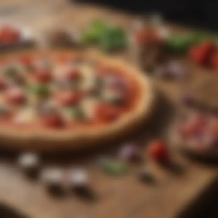 A wooden table with fresh ingredients for pizza making