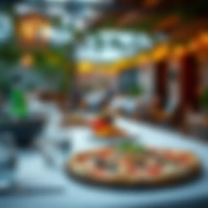 Elegant Outdoor Dining with Pizza and Barbecue An elegant outdoor dining scene showcasing pizza and barbecue