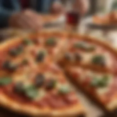 Group enjoying pizza at a lively gathering