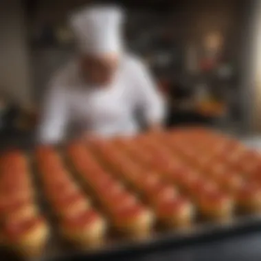 A chef expertly arranging pizza cupcakes on a platter, emphasizing their artistic presentation.
