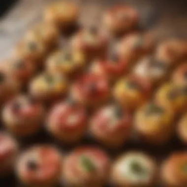 An assortment of pizza cupcakes displayed on a rustic wooden table, highlighting their colorful ingredients.