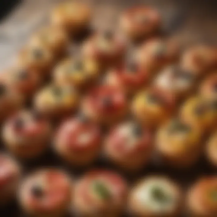 An assortment of pizza cupcakes displayed on a rustic wooden table, highlighting their colorful ingredients.