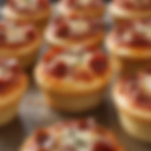 A close-up view of a pizza cupcake showcasing its cheesy topping and vibrant flavors.