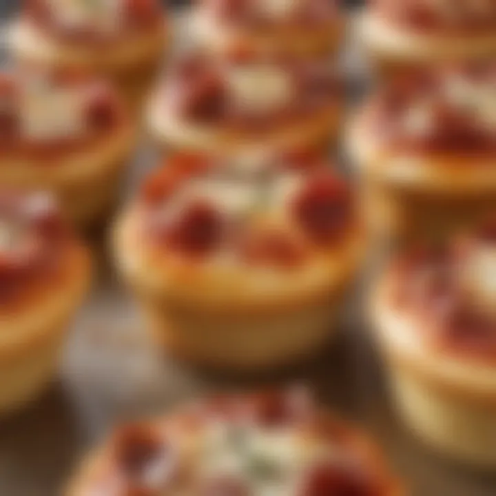 A close-up view of a pizza cupcake showcasing its cheesy topping and vibrant flavors.