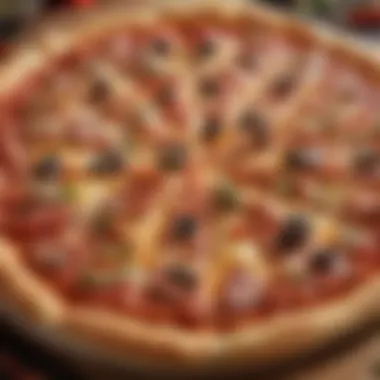 A close-up of a signature pizza loaded with fresh toppings and melted cheese.