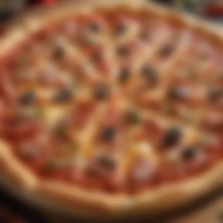 A close-up of a signature pizza loaded with fresh toppings and melted cheese.