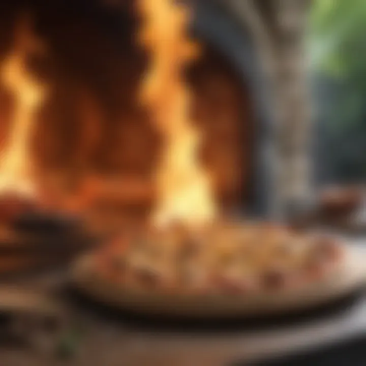 Wood-fired pizza oven with roaring flames