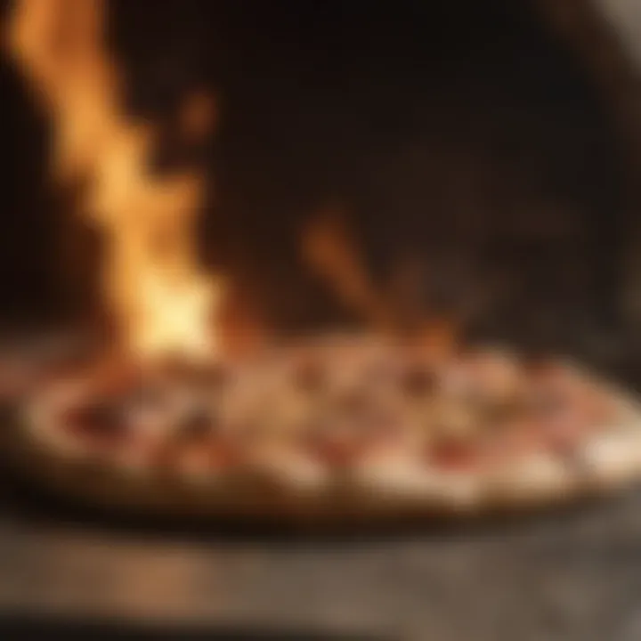 Close-up view of a wood-fired pizza oven with flames