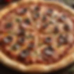 A close-up of a gourmet pizza topped with fresh ingredients.