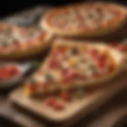 A delectable slice of pizza adorned with fresh toppings beside a gourmet sandwich