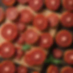 A vibrant display of various plant-based pepperoni options on a wooden board.