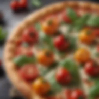 Pizza slice adorned with fresh basil and cherry tomatoes