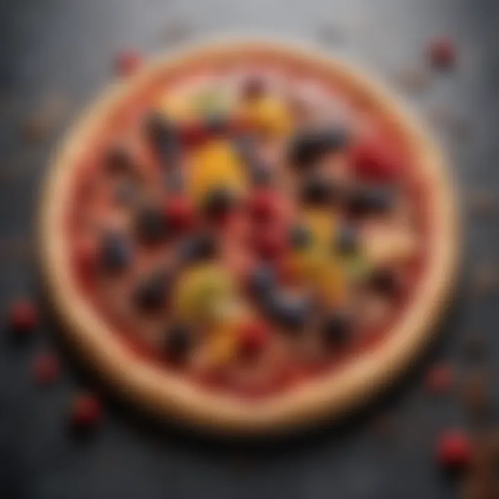 A delicious dessert pizza featuring seasonal fruits and a drizzle of chocolate sauce.