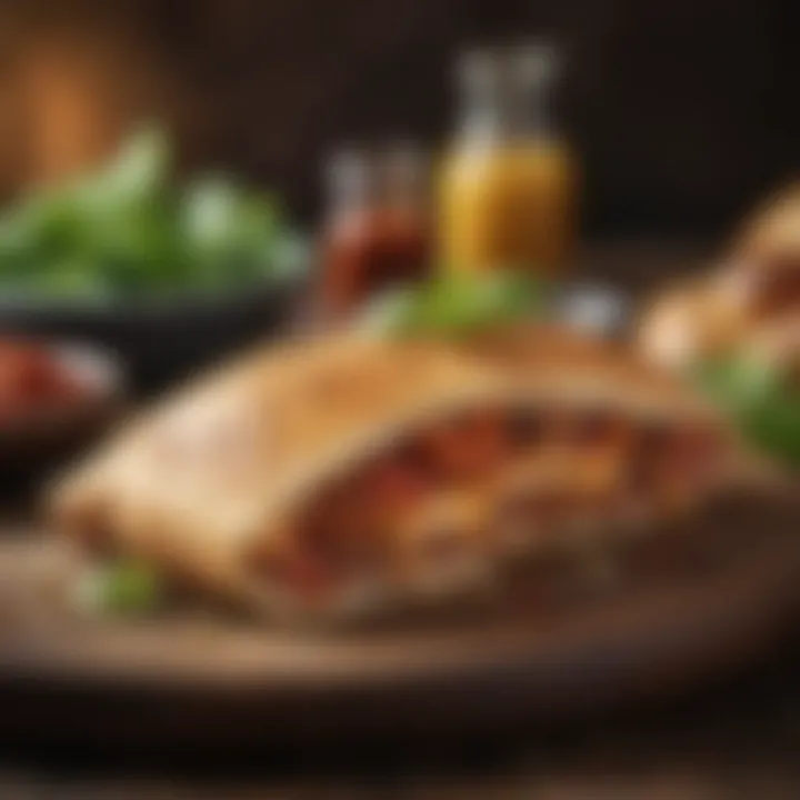 A mouthwatering calzone filled with a variety of savory ingredients, emanating warmth and flavor.