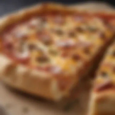 A close-up view of a slice of Speedway Breakfast Pizza