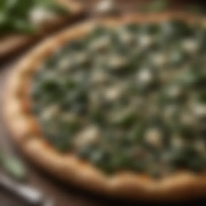 Artfully arranged spinach and feta pizza garnished with herbs