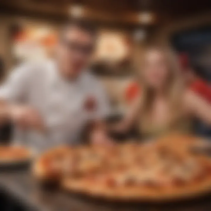 Customers enjoying slices of stuffed crust pizza at a Little Caesars restaurant