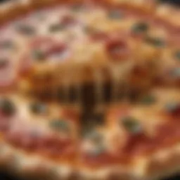 A close-up view of a perfectly baked stuffed crust pizza with melted cheese oozing from the edges