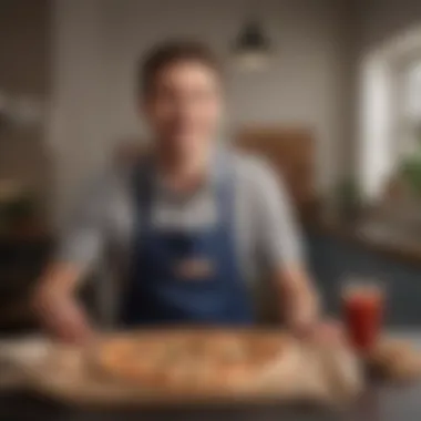 A customer enjoying a pizza delivery at home with a satisfied expression