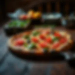 A beautifully crafted pizza with fresh ingredients on a rustic wooden table